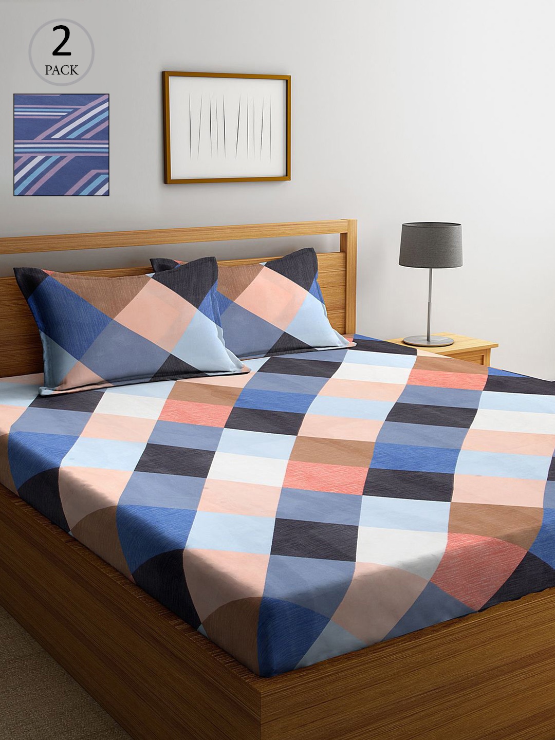 

KLOTTHE Blue & Pink Geometric 210 TC 2 King Bedsheet with 4 Pillow Covers