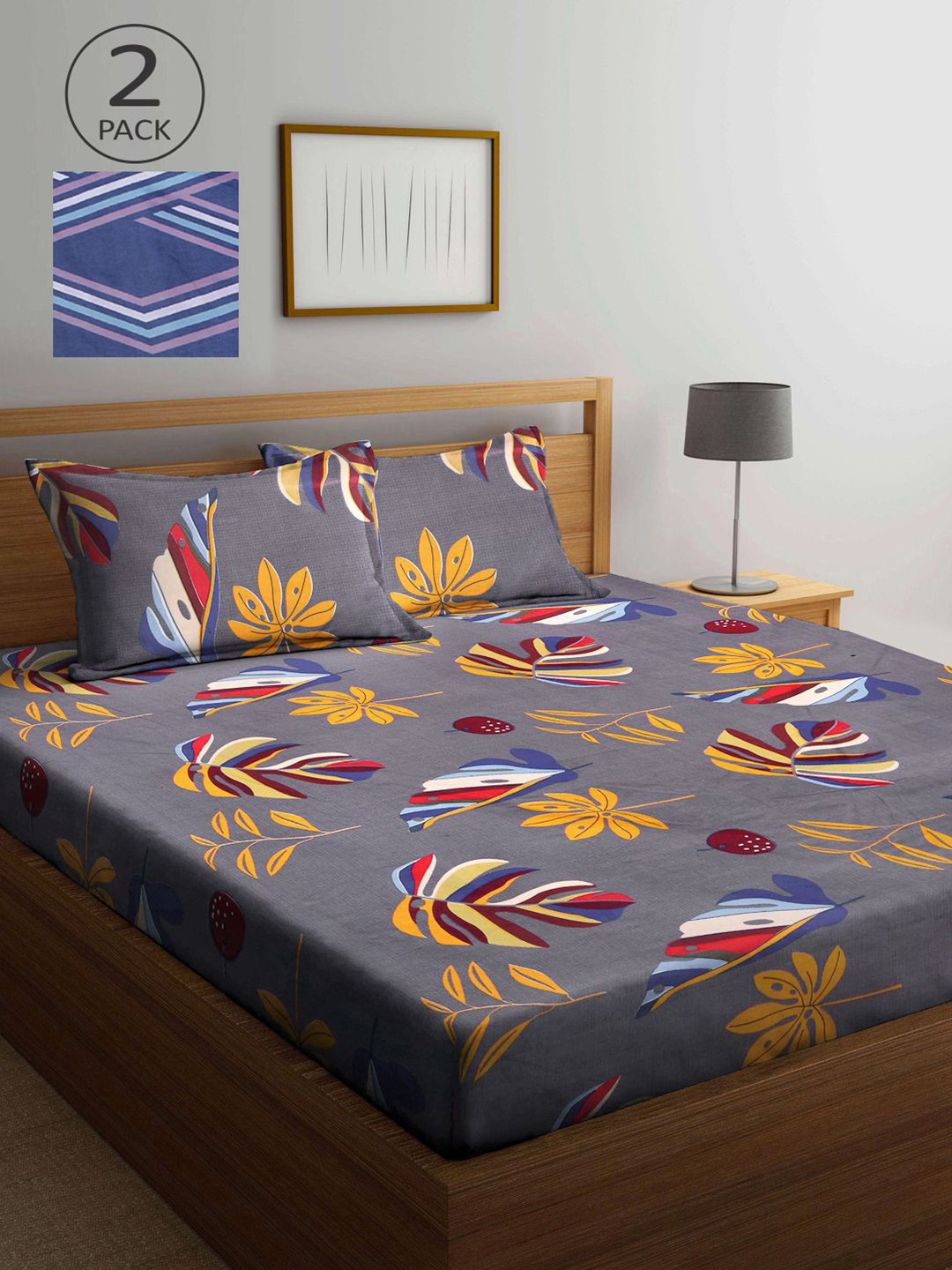 

KLOTTHE Grey & Blue Floral 210 TC 2 King Bedsheet with 4 Pillow Covers