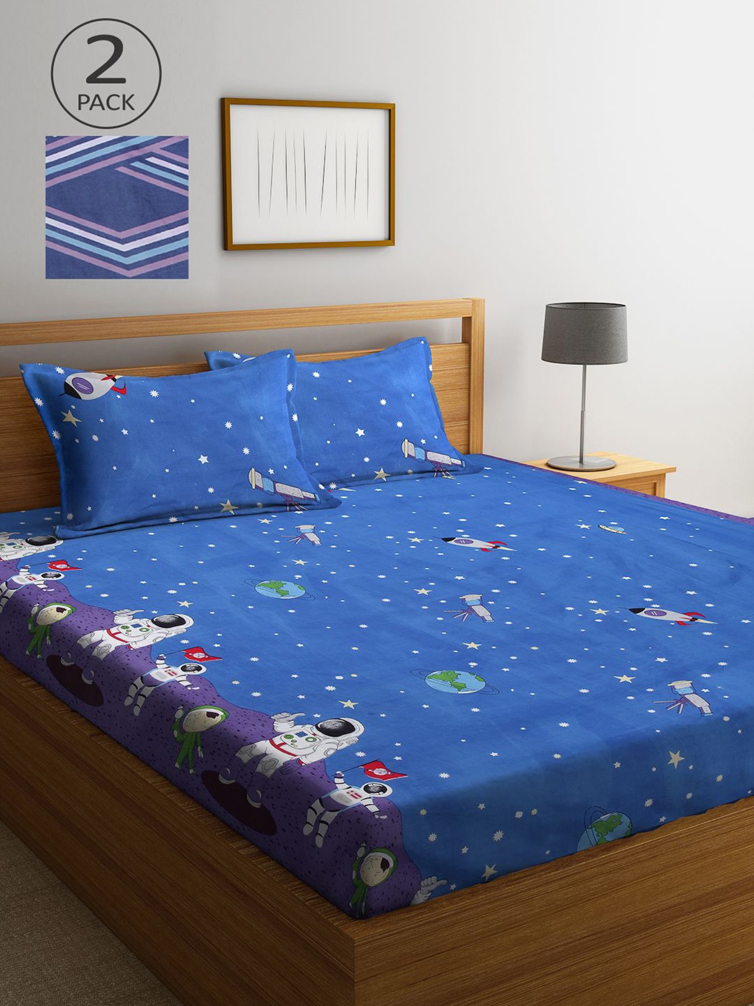 

KLOTTHE Blue Cartoon Characters 210 TC 2 King Bedsheet with 4 Pillow Covers
