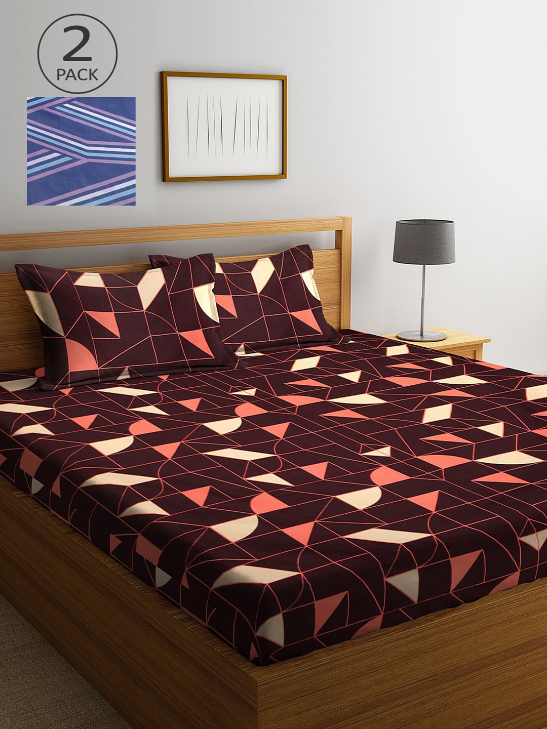 

KLOTTHE Brown & Blue Geometric 210 TC 2 King Bedsheet with 4 Pillow Covers