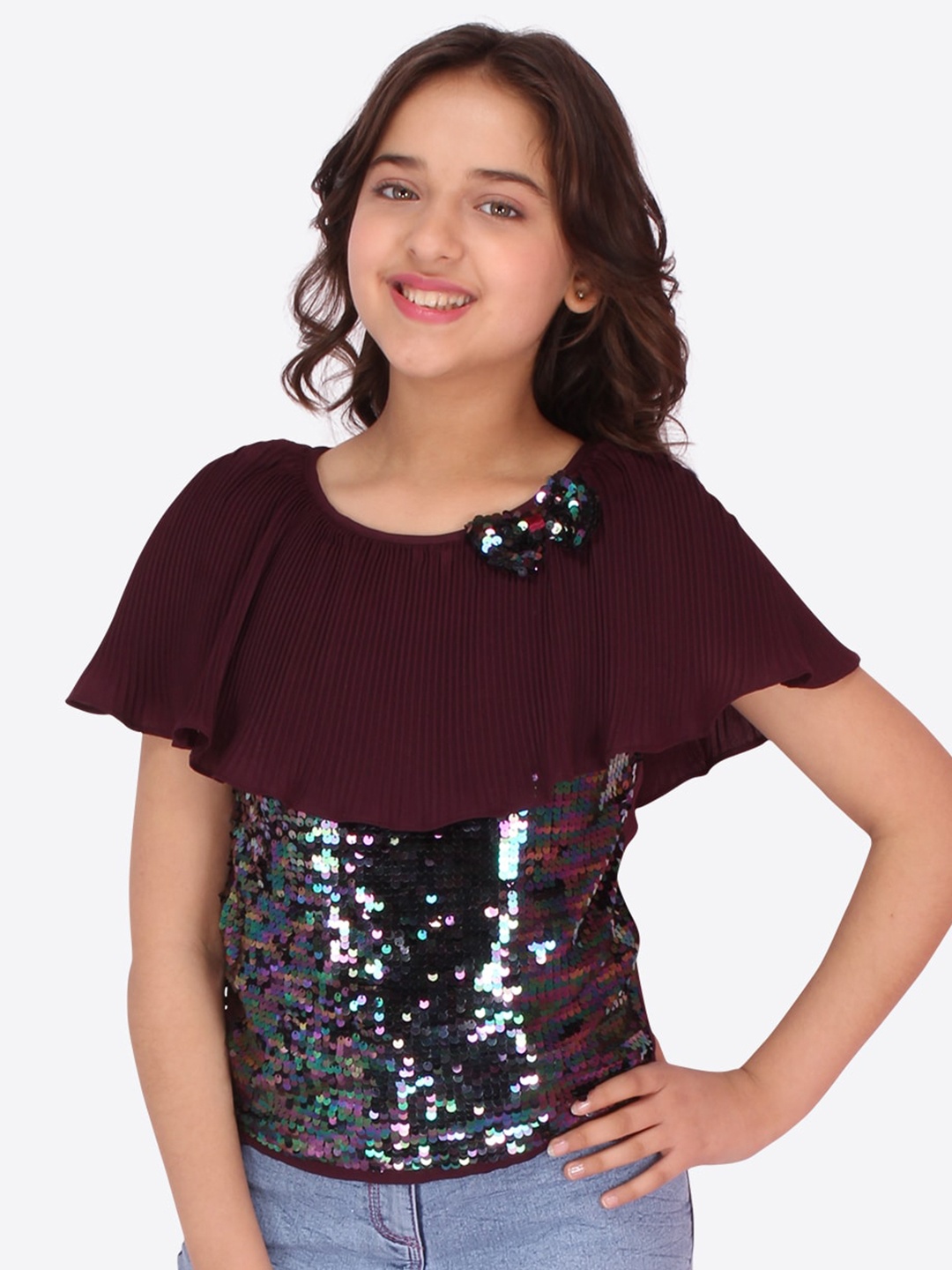 

CUTECUMBER Girls Maroon Embellished Georgette Cape Top