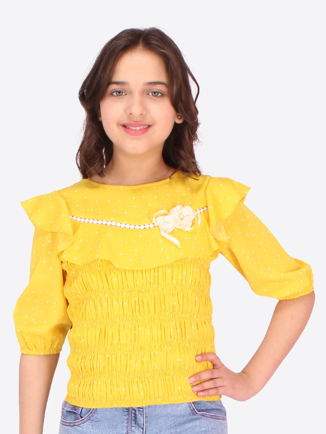 

CUTECUMBER Girls Yellow Georgette Smocked Top