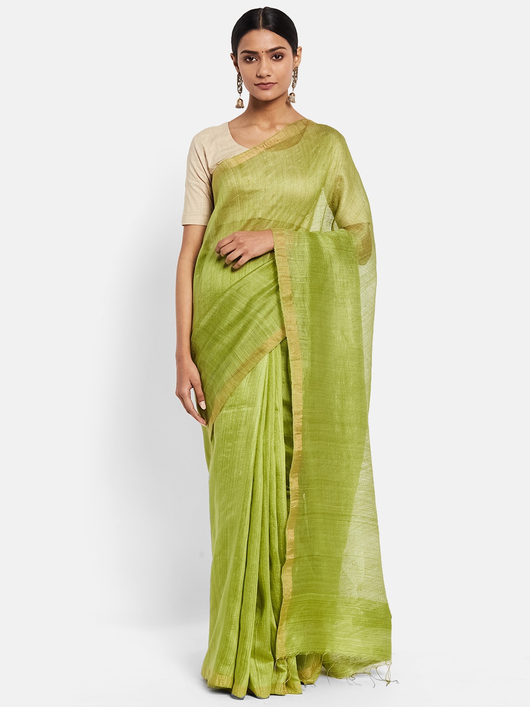 

Fabindia Green & Gold-Toned Pure Silk Saree