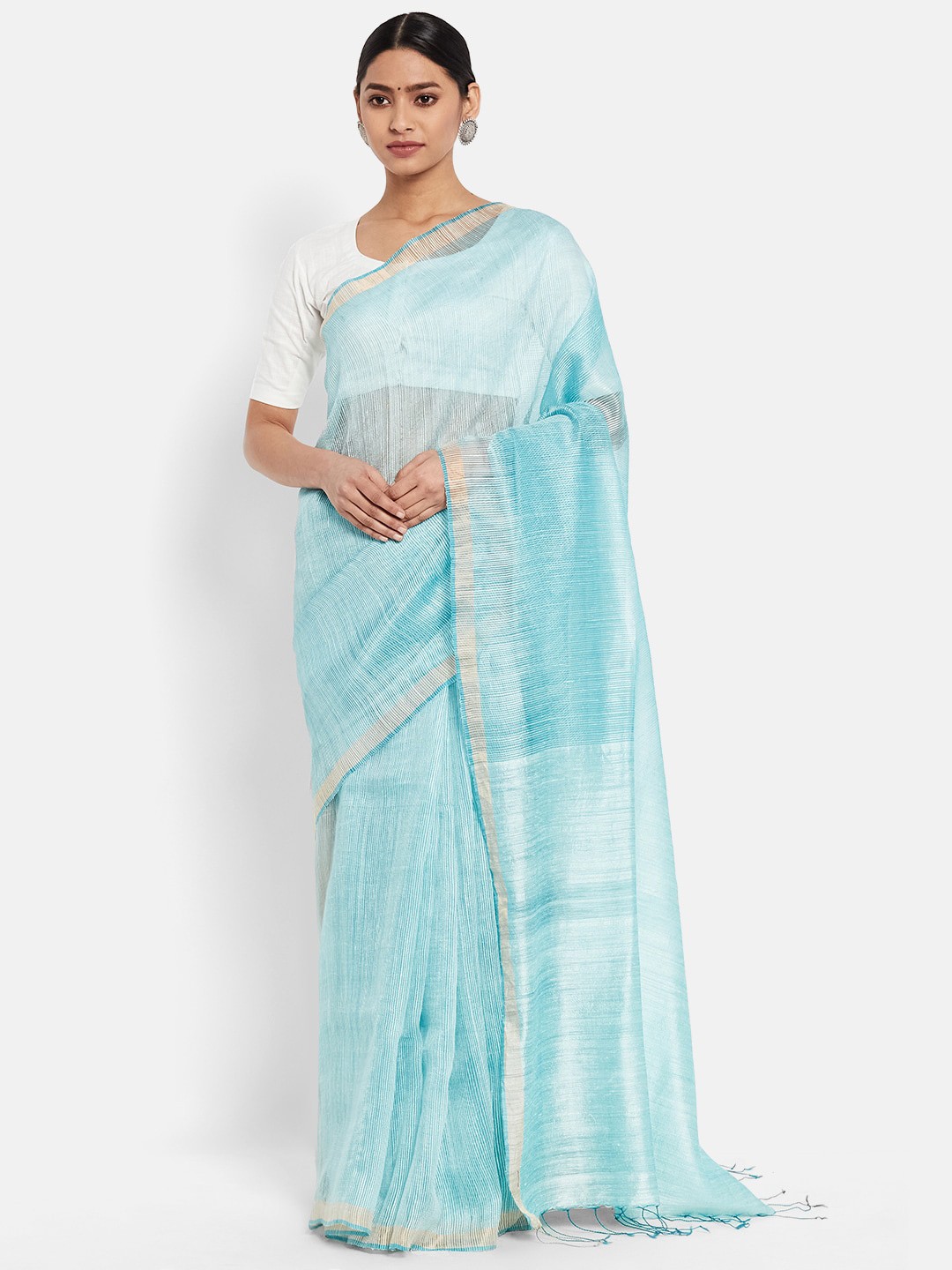 

Fabindia Blue & White Solid Woven Design Pure Silk Saree