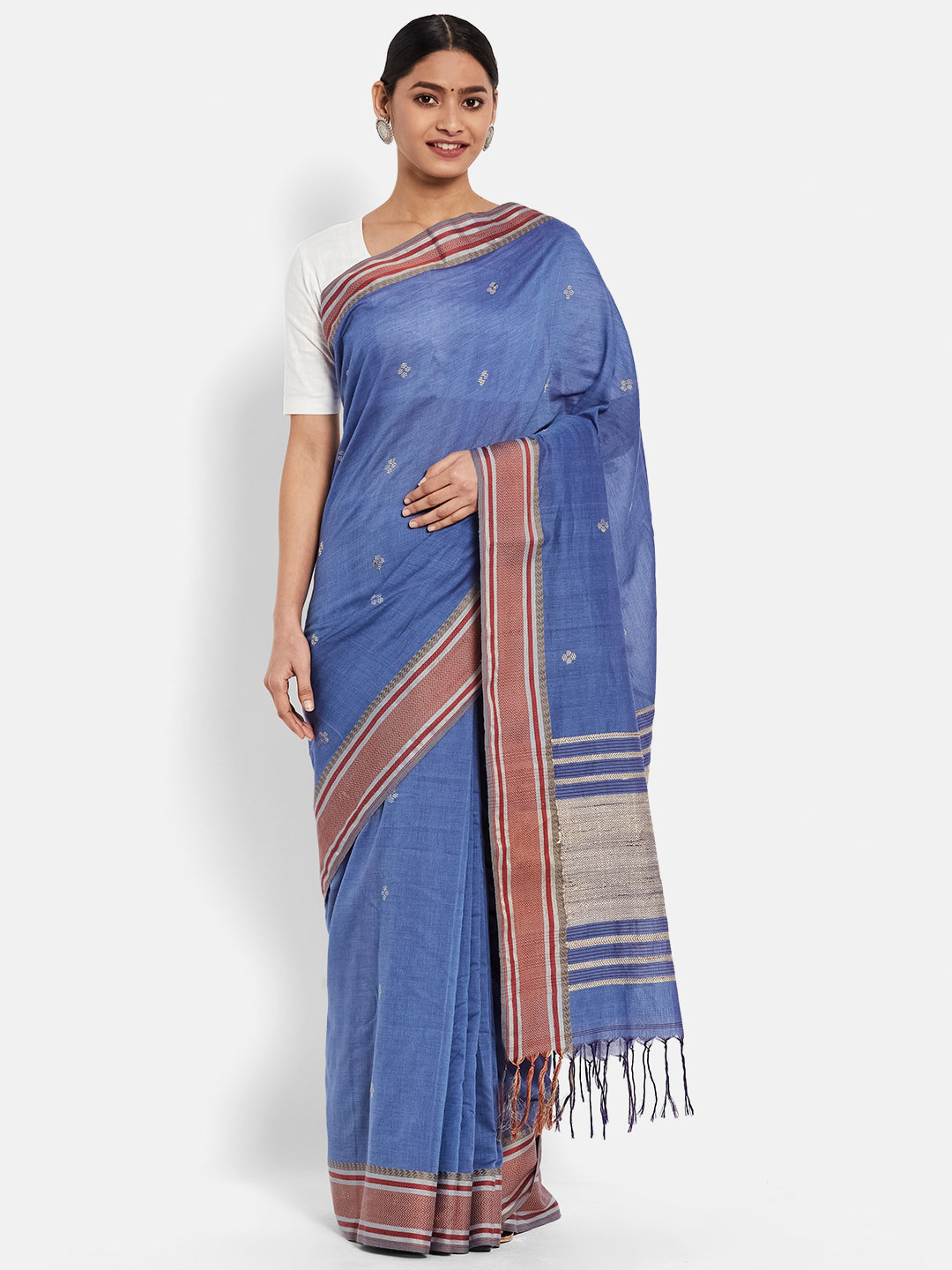 

Fabindia Blue & Brown Woven Design Pure Cotton Jamdani Saree