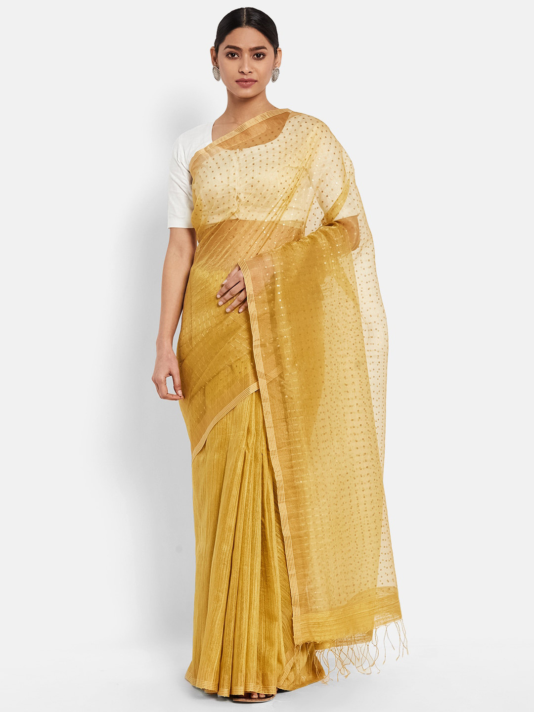 

Fabindia Mustard Yellow Embroidered Pure Silk Saree