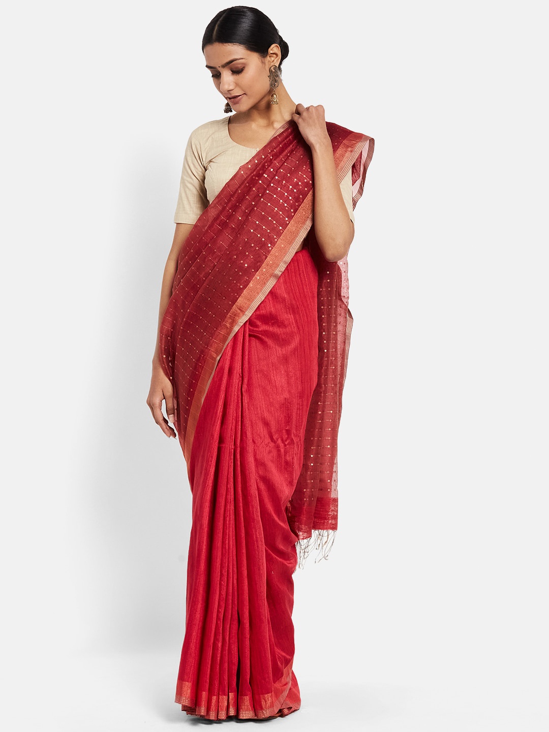 

Fabindia Red & Gold-Toned Embroidered Zari Pure Silk Saree