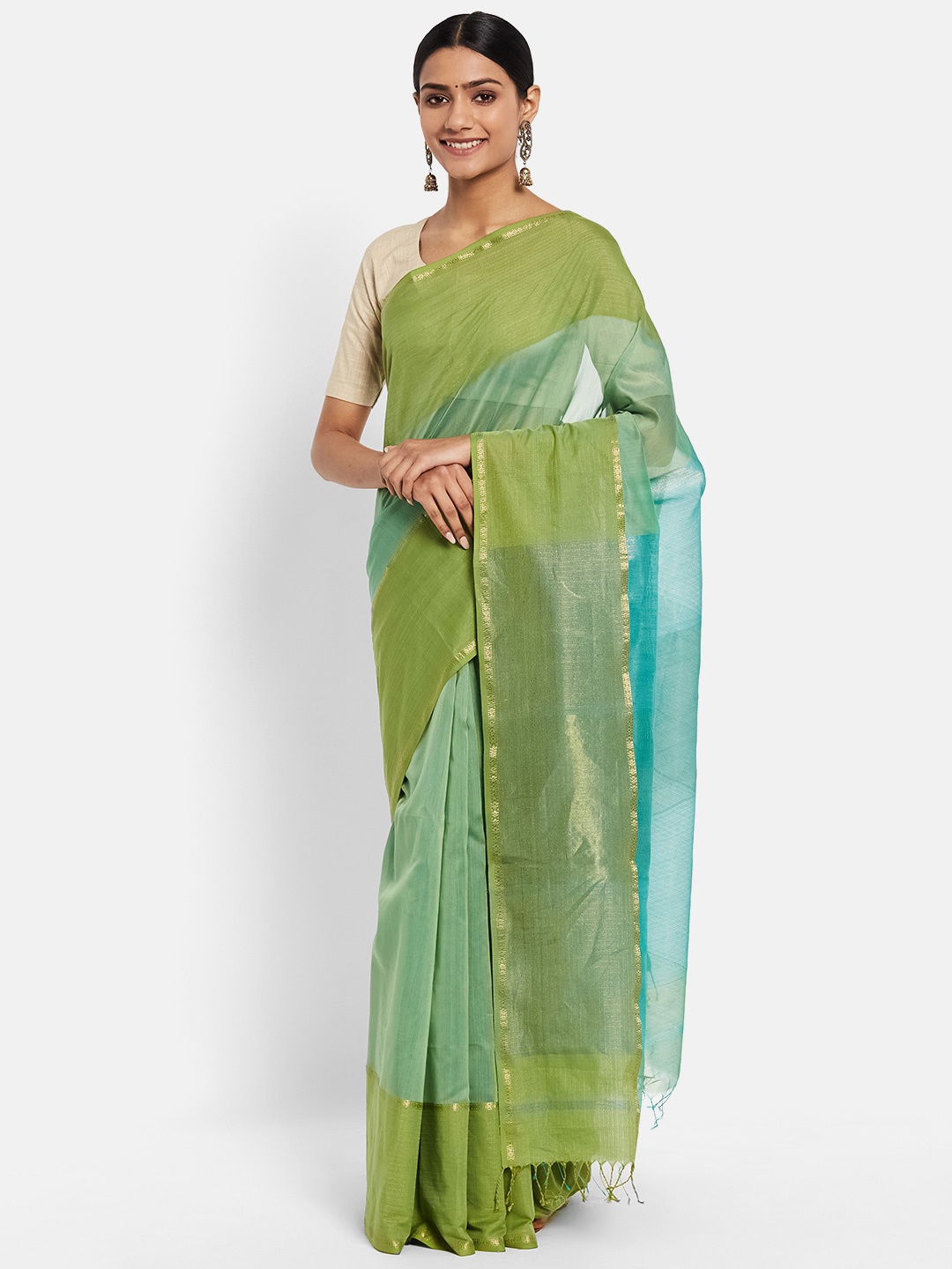 

Fabindia Green & Gold-Toned Silk Cotton Maheshwari Saree