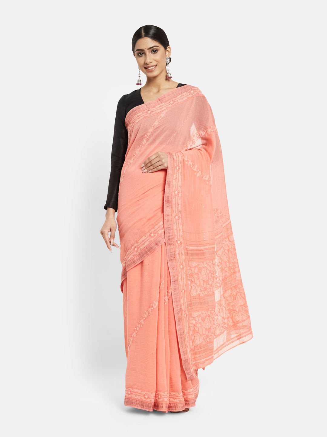 

Fabindia Pink Floral Chikankari Saree