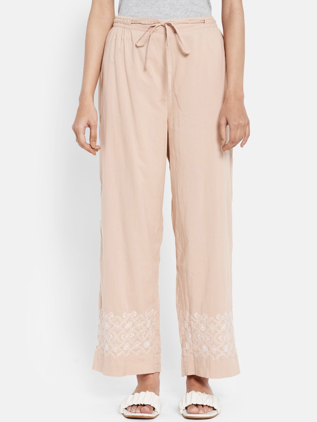 

Fabindia Women Beige Chikankari Casual Cotton Trousers, Brown