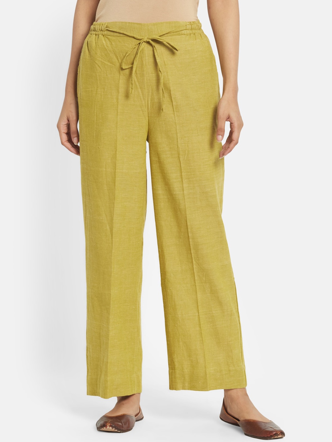 

Fabindia Women Green Solid Regular-Fit Parallel Trousers