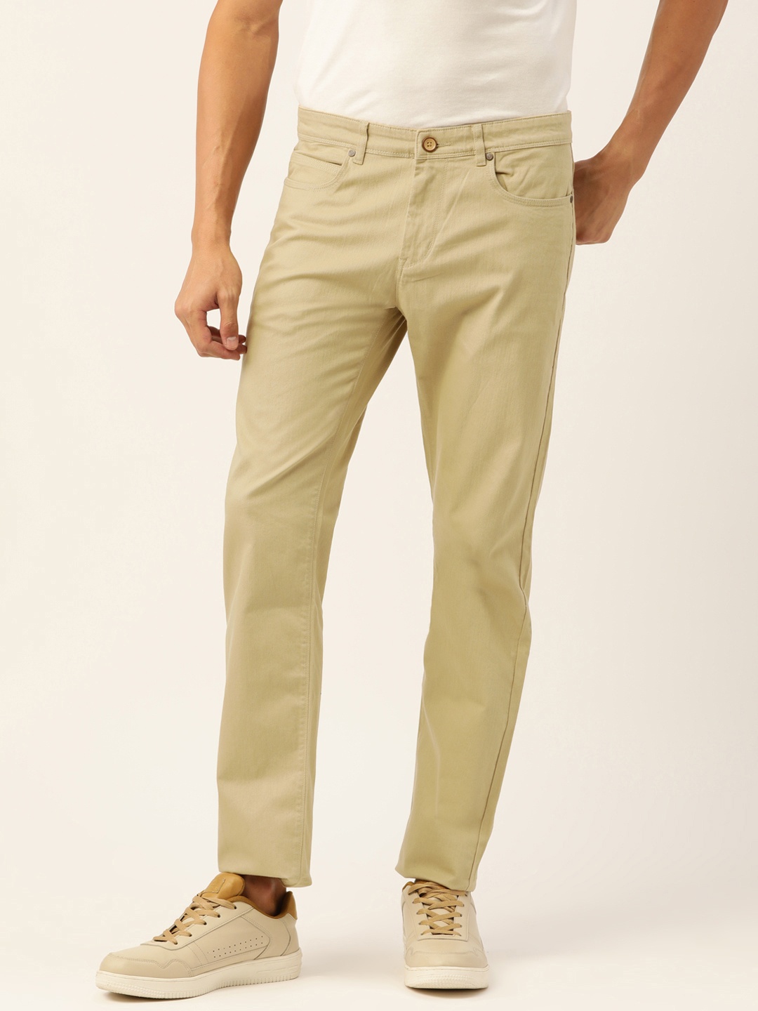 

PETER ENGLAND UNIVERSITY Men Khaki Solid Super Slim Fit Trousers
