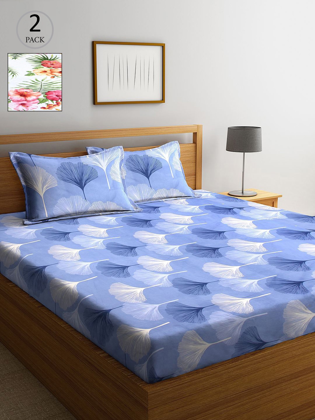 

KLOTTHE White & Blue Floral 210 TC 2 King Bedsheet with 4 Pillow Covers