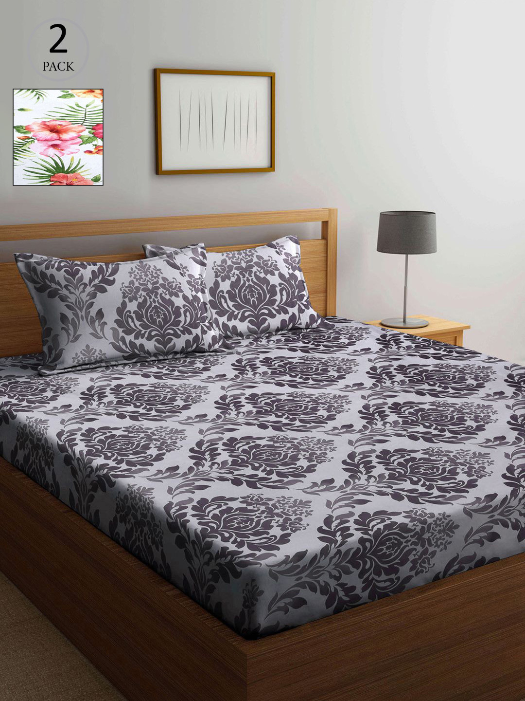 

KLOTTHE White & Grey Floral 210 TC 2 King Bedsheet with 4 Pillow Covers