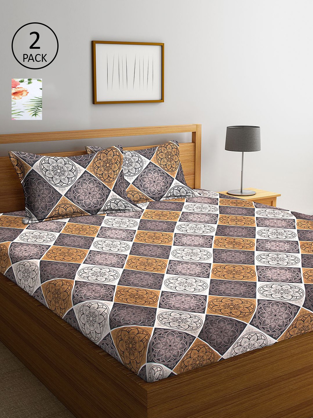 

KLOTTHE Beige & Brown Floral 210 TC 2 King Bedsheet with 4 Pillow Covers