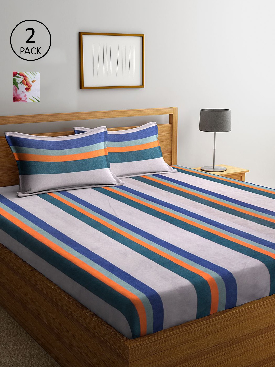 

KLOTTHE Off White & Green Striped 210 TC 2 King Bedsheet with 4 Pillow Covers
