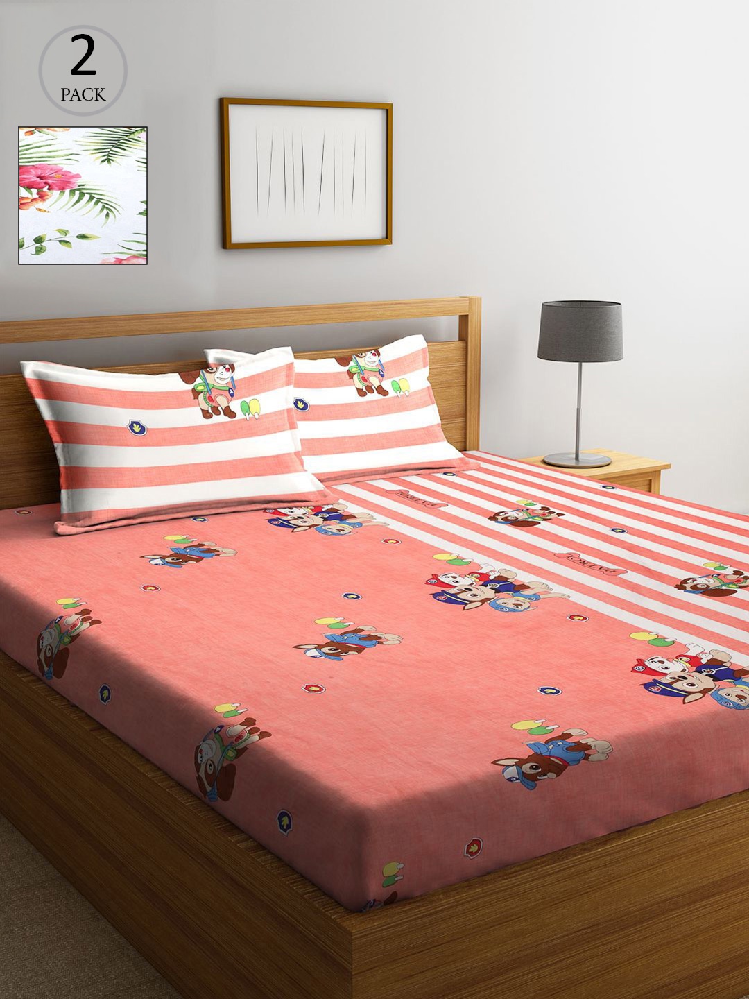 

KLOTTHE Multicoloured Cartoon Characters 210 TC 2 King Bedsheet with 4 Pillow Covers, Multi