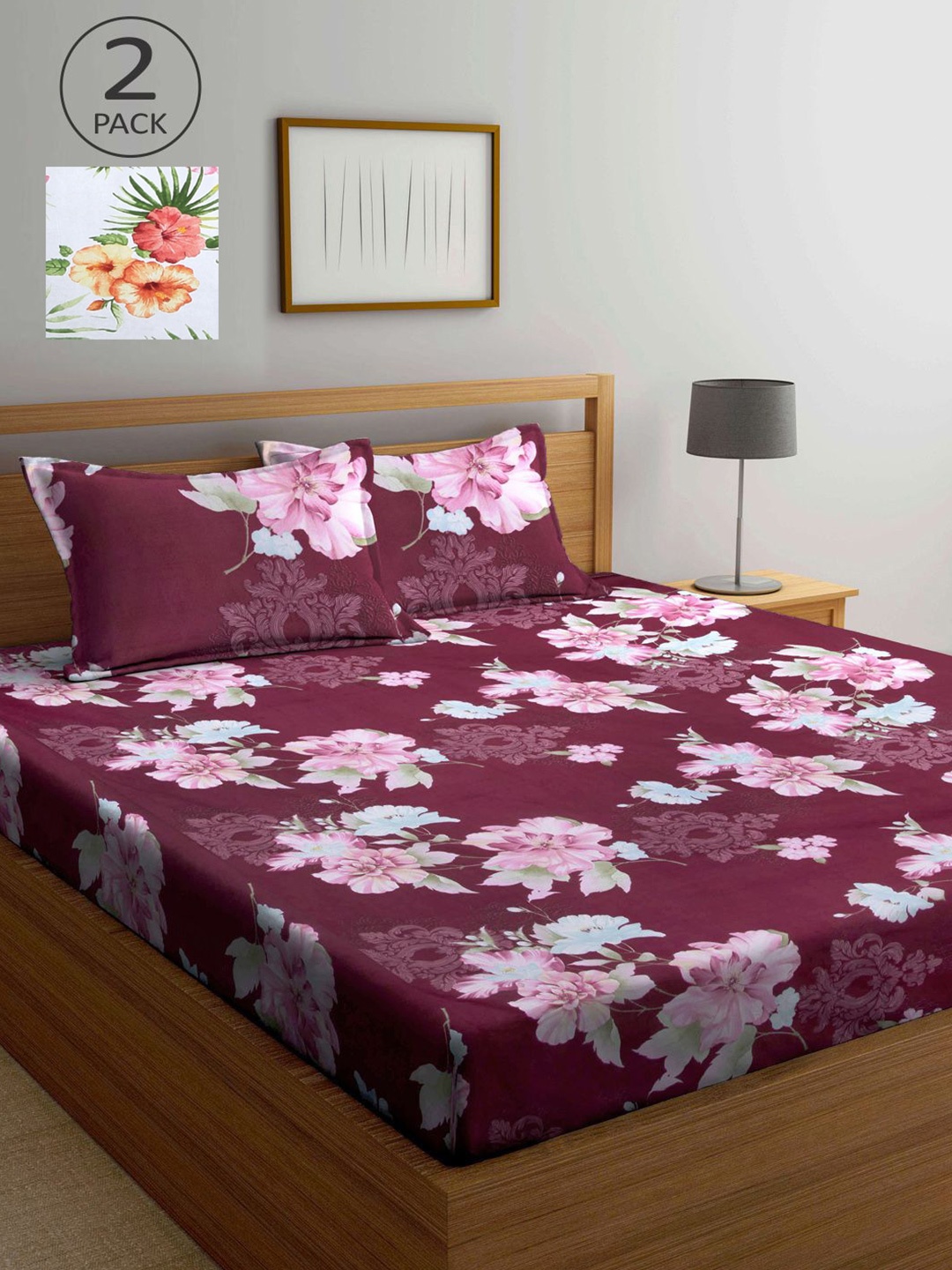 

KLOTTHE Purple & White Floral 210 TC 2 King Bedsheet with 4 Pillow Covers