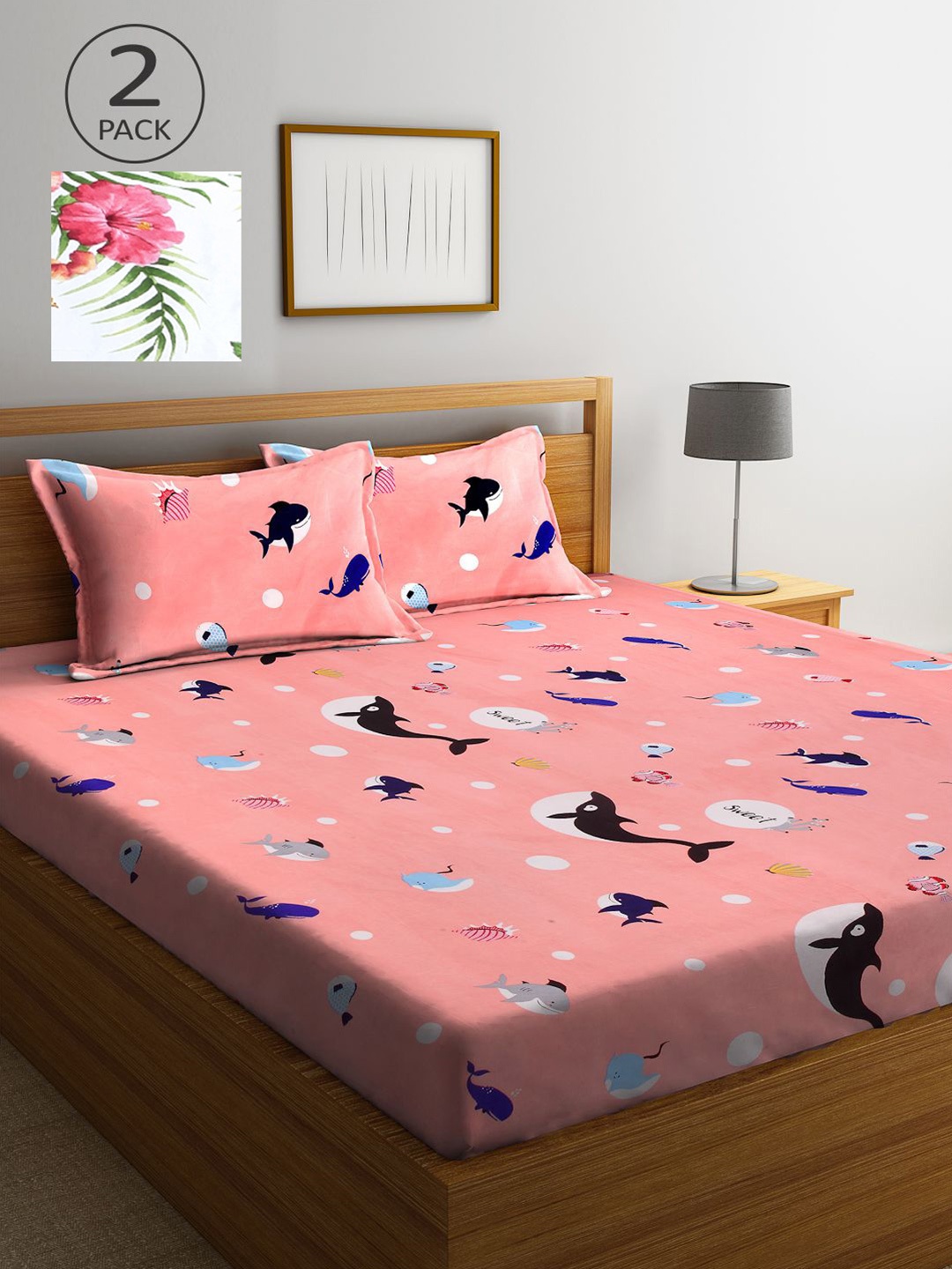 

KLOTTHE Peach-Coloured & White Cartoon Characters 210 TC 2 King Bedsheet with 4 Pillow Covers