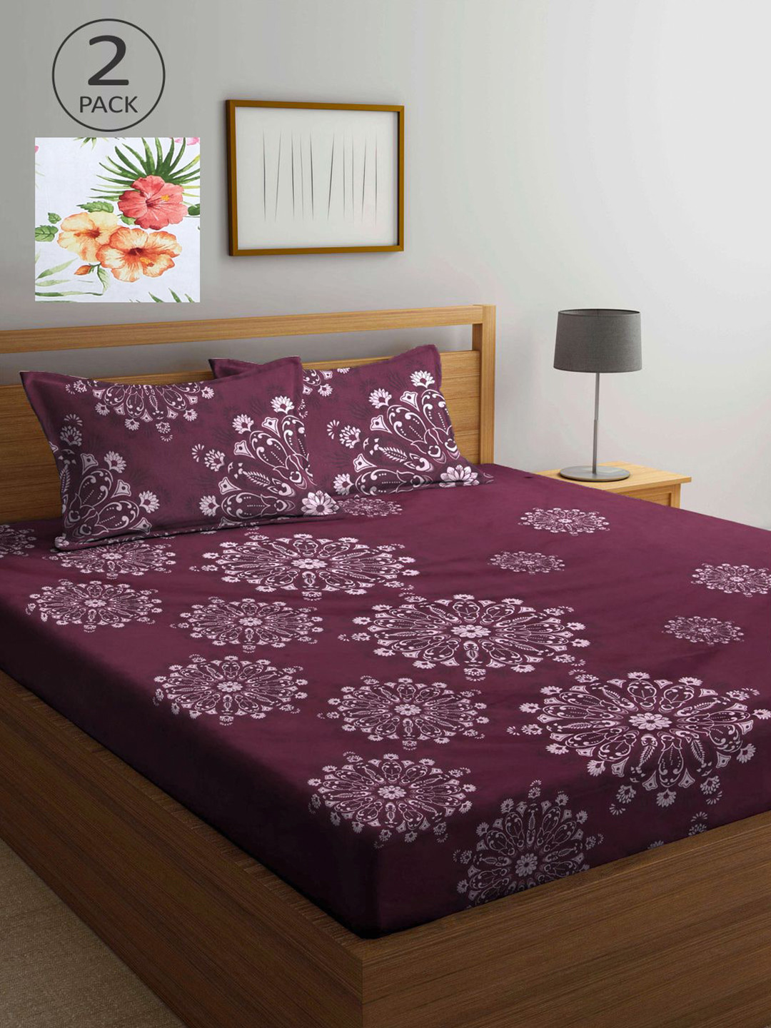 

KLOTTHE Purple & White Floral 210 TC 2 King Bedsheet with 4 Pillow Covers