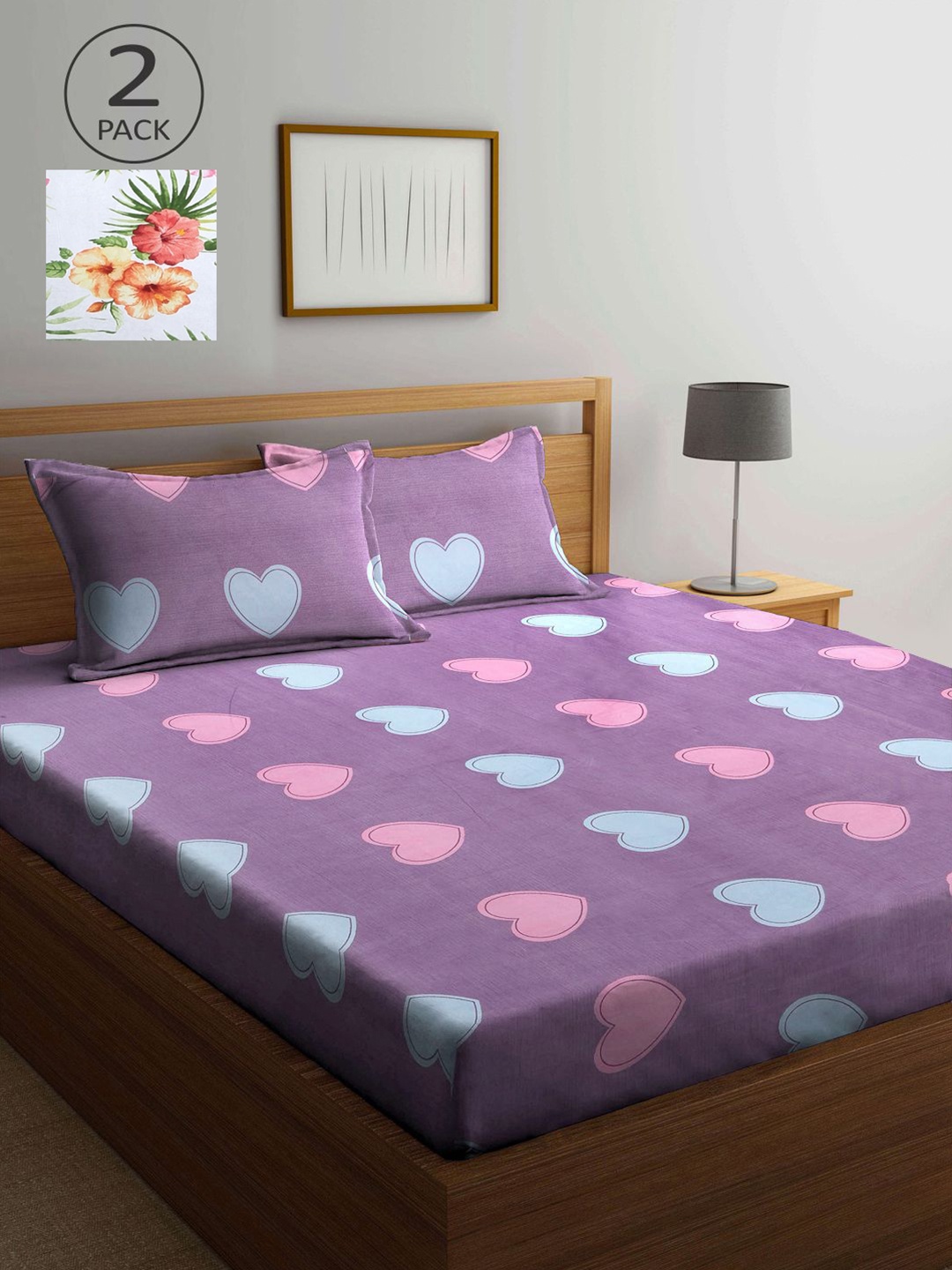 

KLOTTHE Purple & White Floral 210 TC 2 King Bedsheet with 4 Pillow Covers
