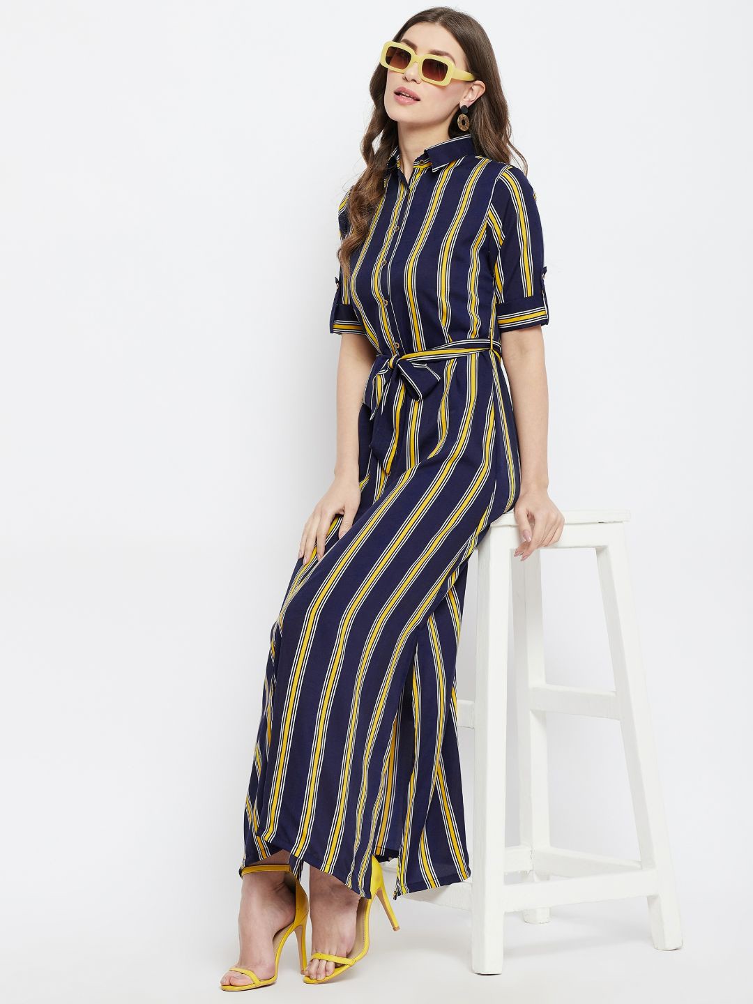 

Uptownie Lite Navy Blue & Yellow Striped Belted Crepe Shirt Maxi Dress