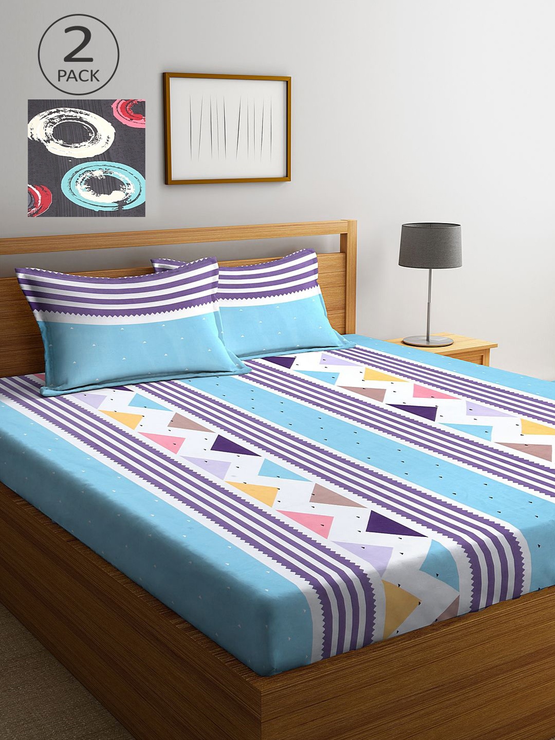 

KLOTTHE Set of 2 Blue & Grey Geometric 300 TC King Bedsheet with 4 Pillow Covers
