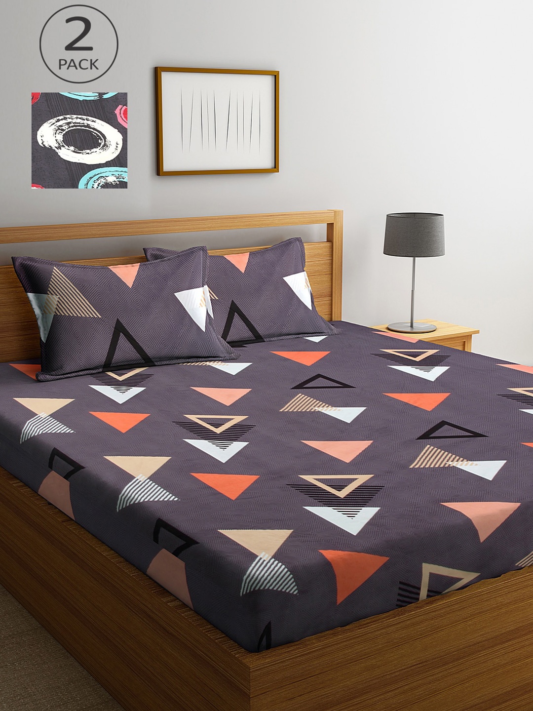 

KLOTTHE Pack of 2 Grey & Purple Geometric 300 TC King Bedsheet with 4 Pillow Covers