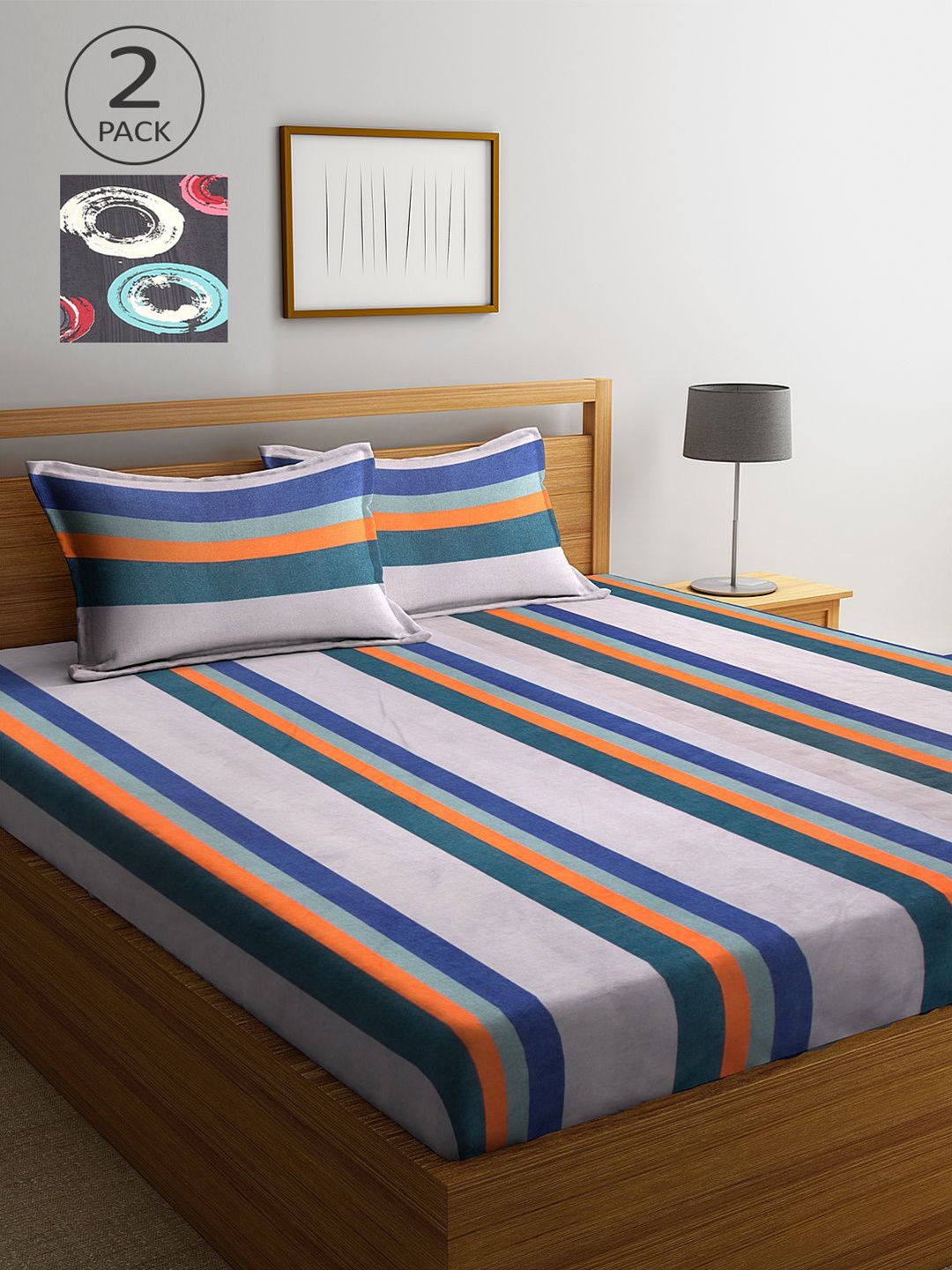 

KLOTTHE Multicoloured Striped Set of 2 King Bedsheet with 4 Pillow Covers, Multi