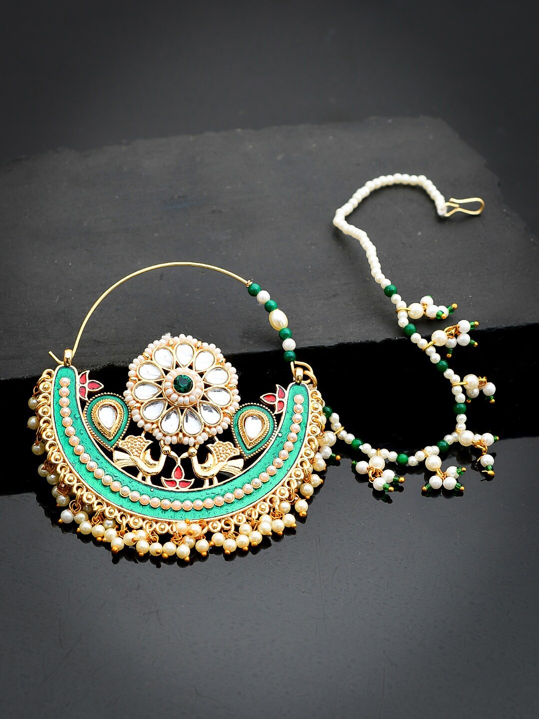 

Silvermerc Designs Gold-Plated White & Green Kundan Studded Meenakari Chained Nose Ring