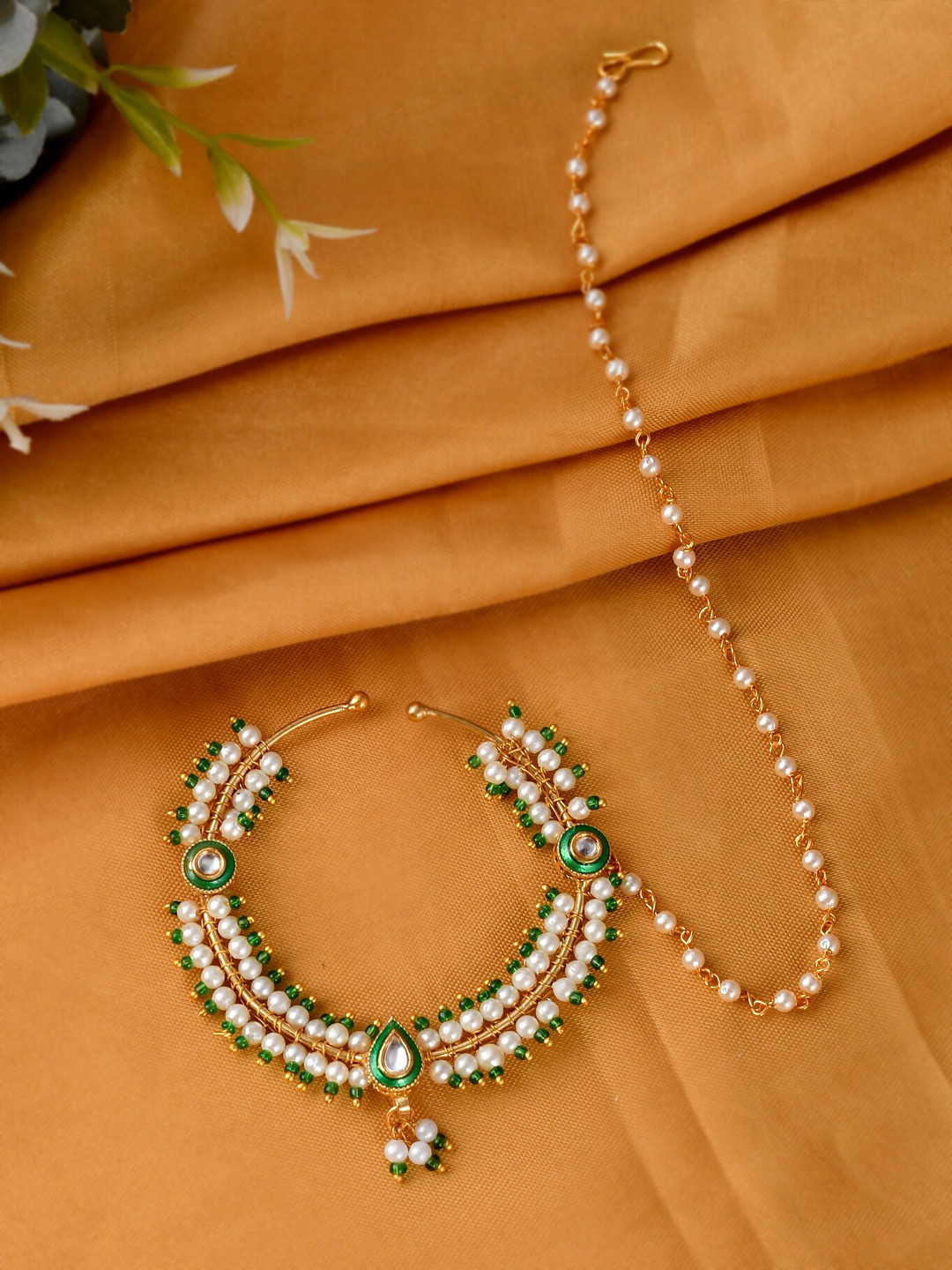 

Silvermerc Designs Gold Plated Green Kundan Stone Studded Meenakari Nose Pin with Beaded Extension