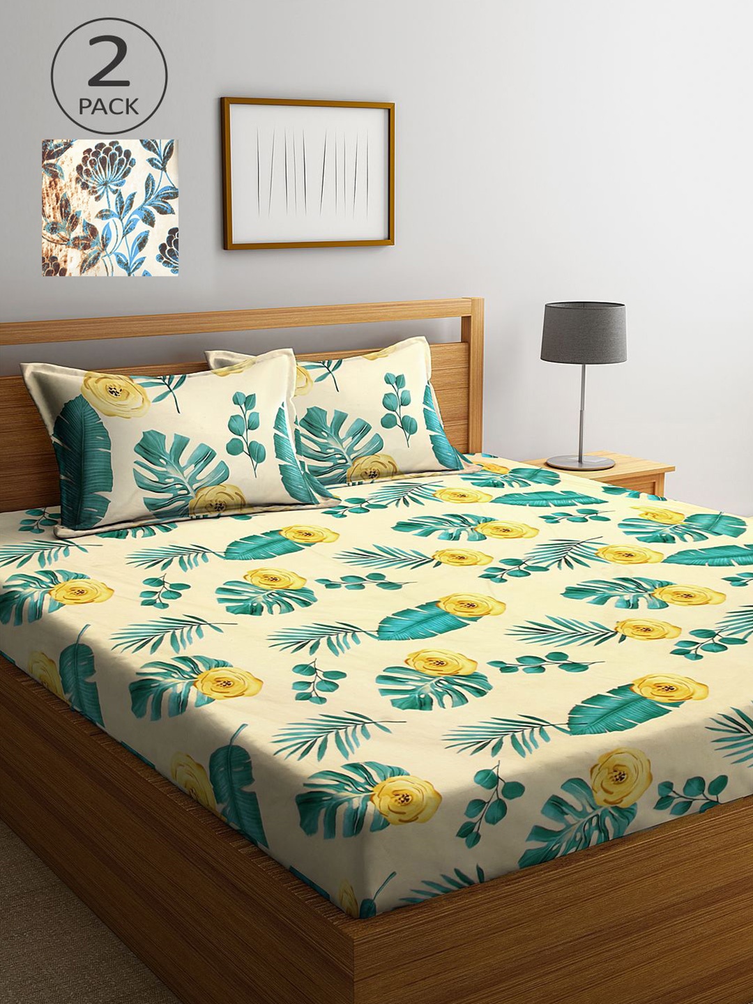 

KLOTTHE Yellow & Blue Floral 210 TC 2 King Bedsheet with 4 Pillow Covers