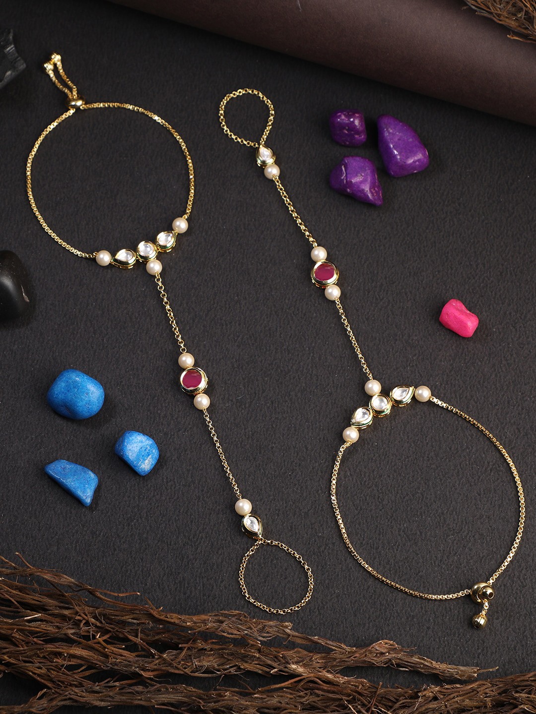 

Adwitiya Collection Women Set of 2 Gold-Plated White & Pink Kundan & Pearl Ring Bracelets