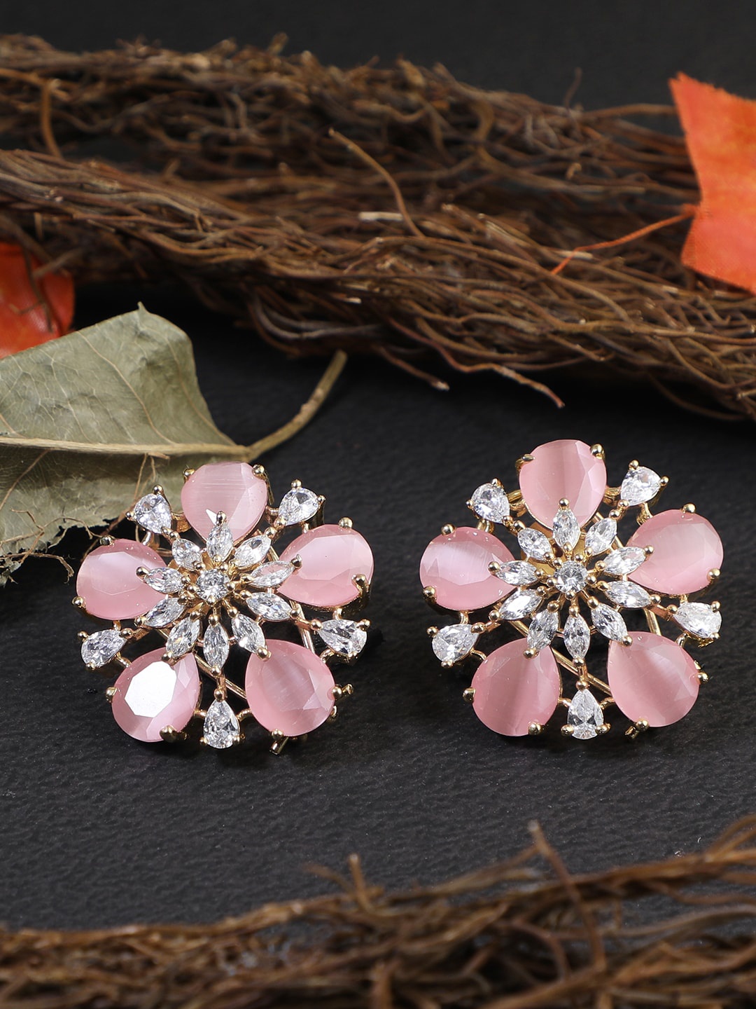 

Adwitiya Collection Gold-Plated & Pink Floral Stud Earrings