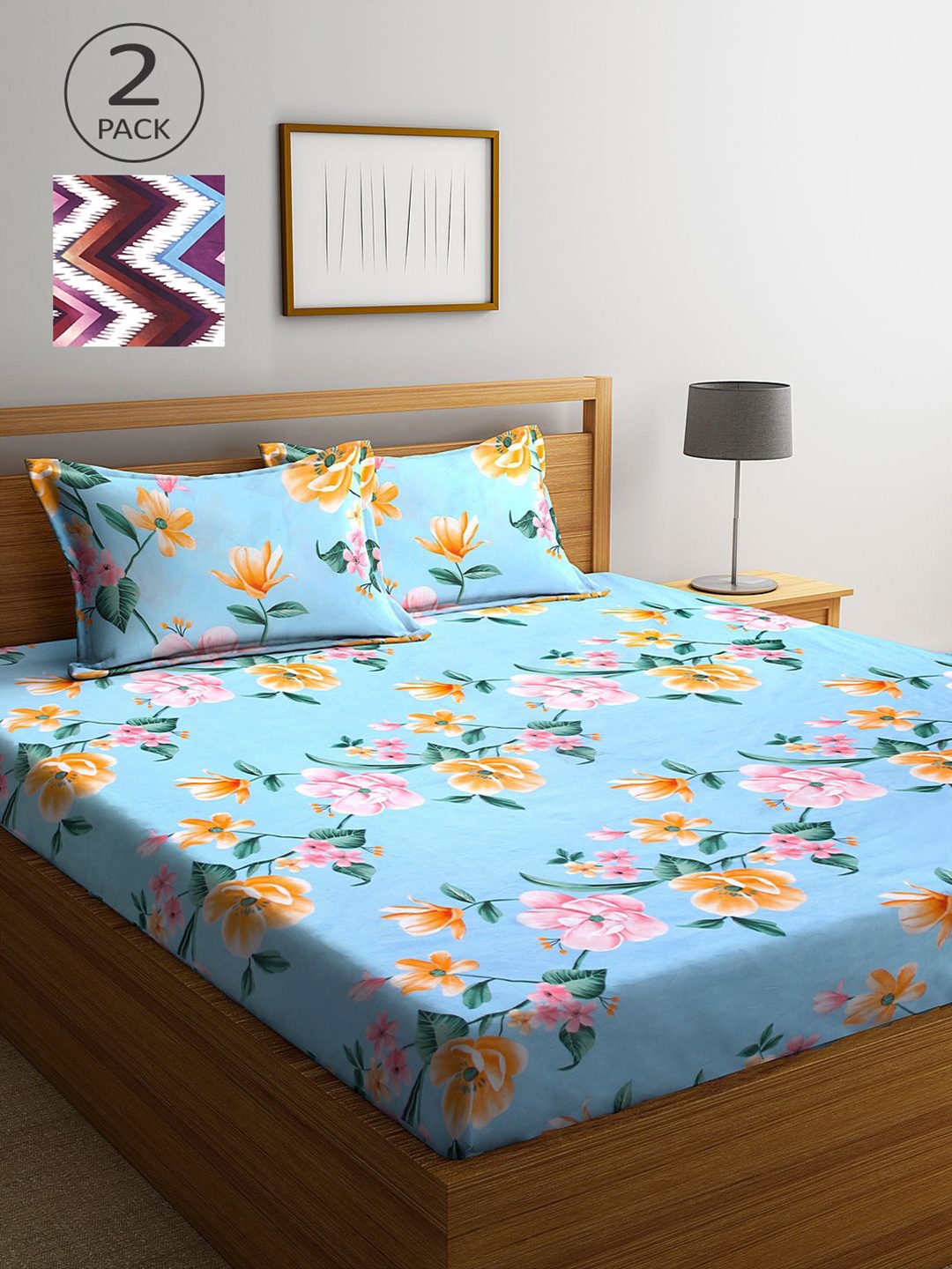 

KLOTTHE Blue & Purple Floral Printed 210 TC 2 King Bedsheet with 4 Pillow Covers