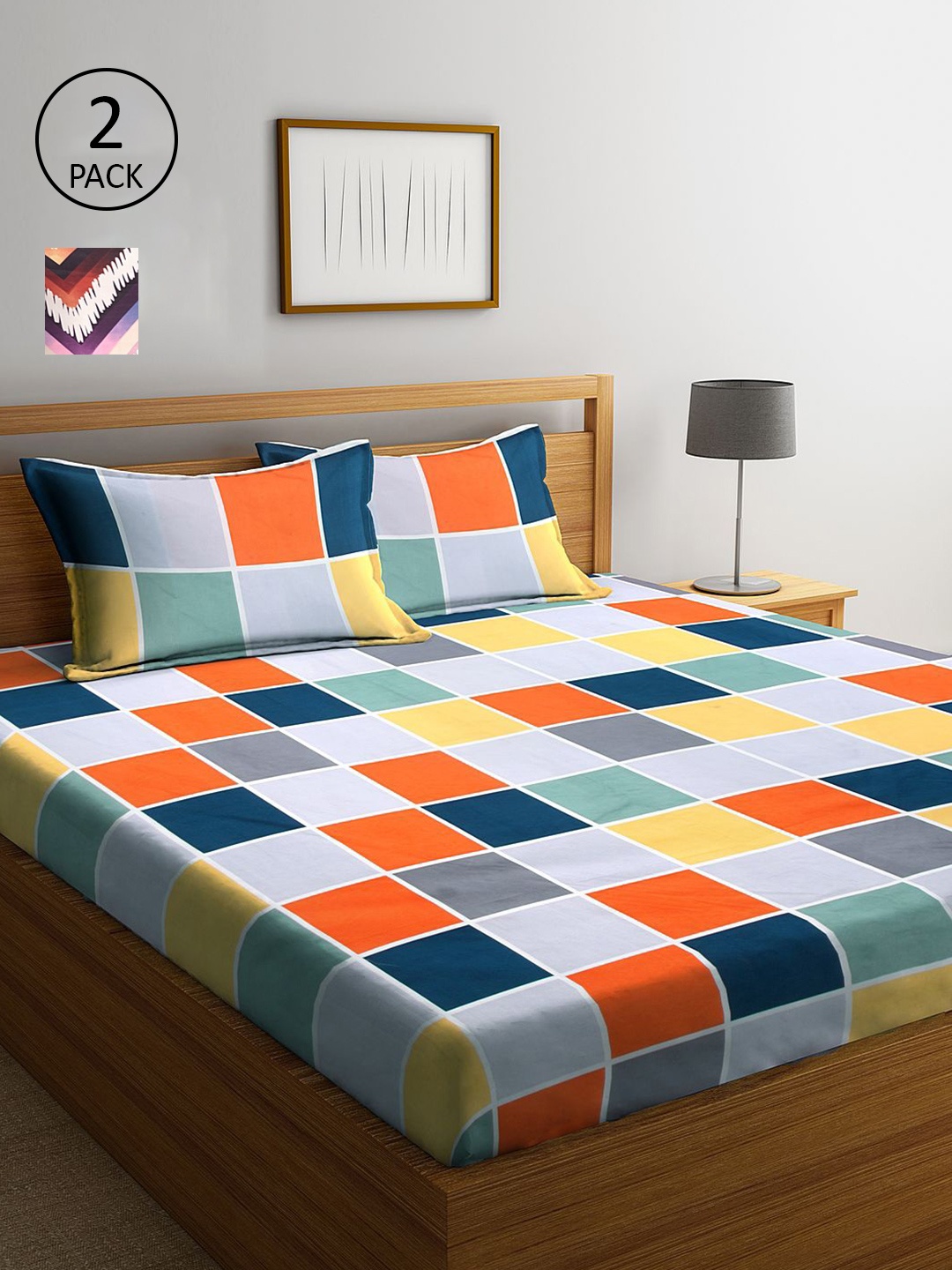 

KLOTTHE Blue & Maroon Geometric 210 TC 2 King Bedsheet with 4 Pillow Covers