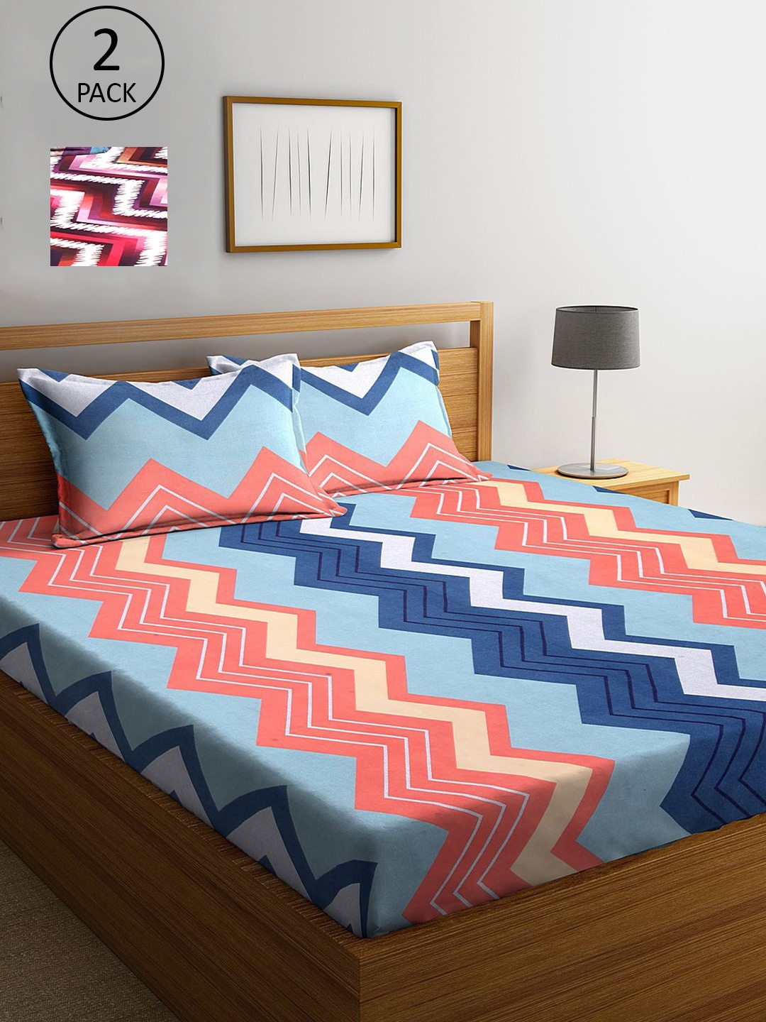 

KLOTTHE Blue & Pink Geometric 210 TC 2 King Bedsheets with 4 Pillow Covers
