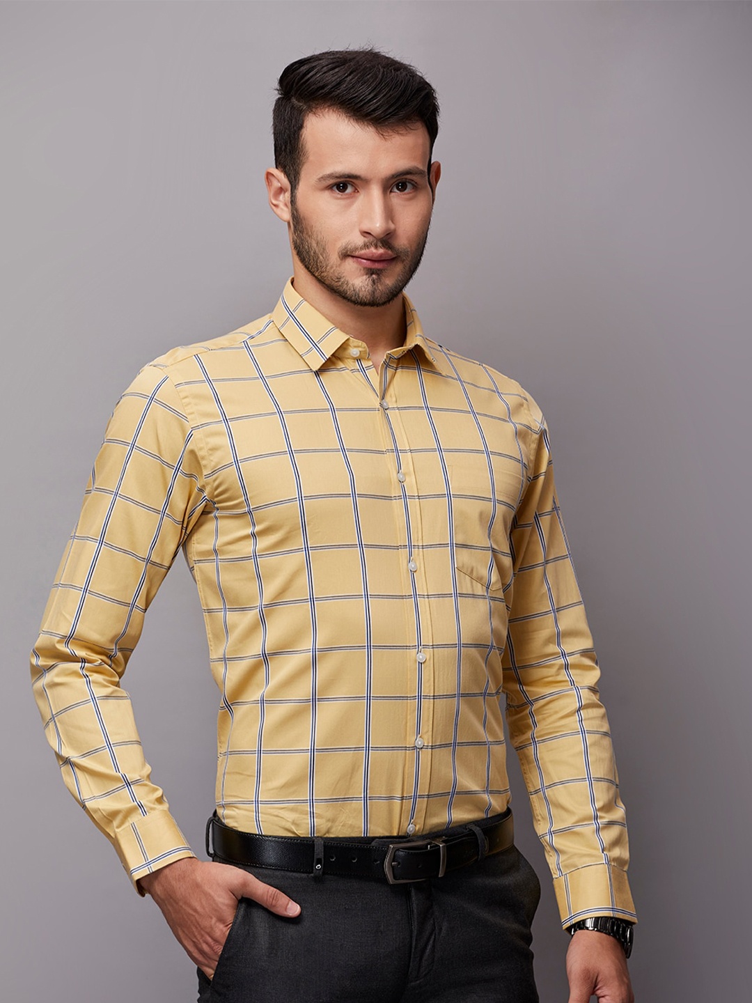 

Oxemberg Men Yellow Classic Slim Fit Windowpane Checks Checked Formal Shirt