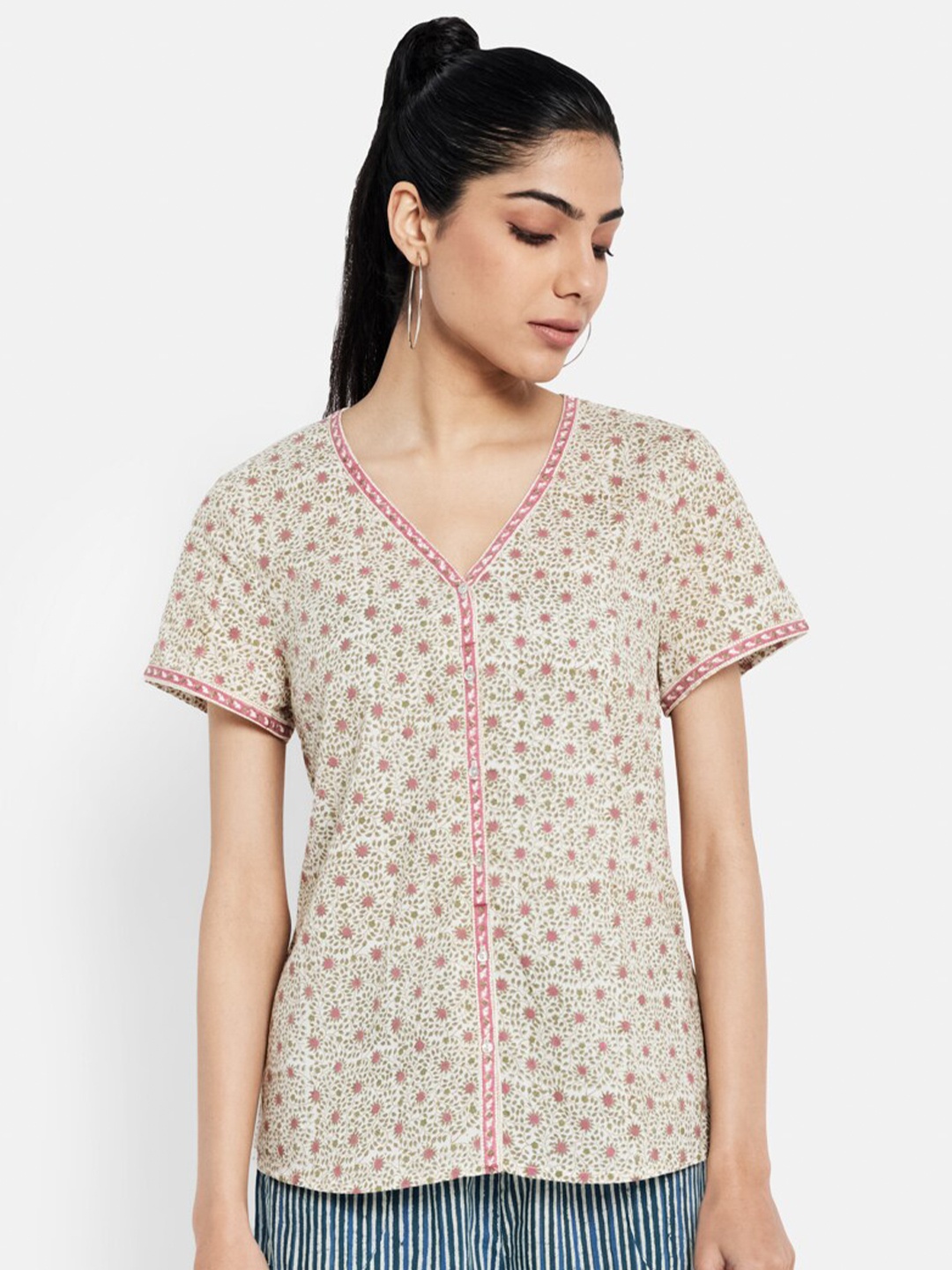 

Fabindia White & Pink Printed Cotton Cambric Shirt Style Top