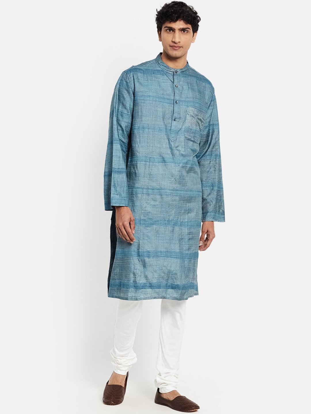 

Fabindia Men Blue Silk Blend Woven Long Kurta