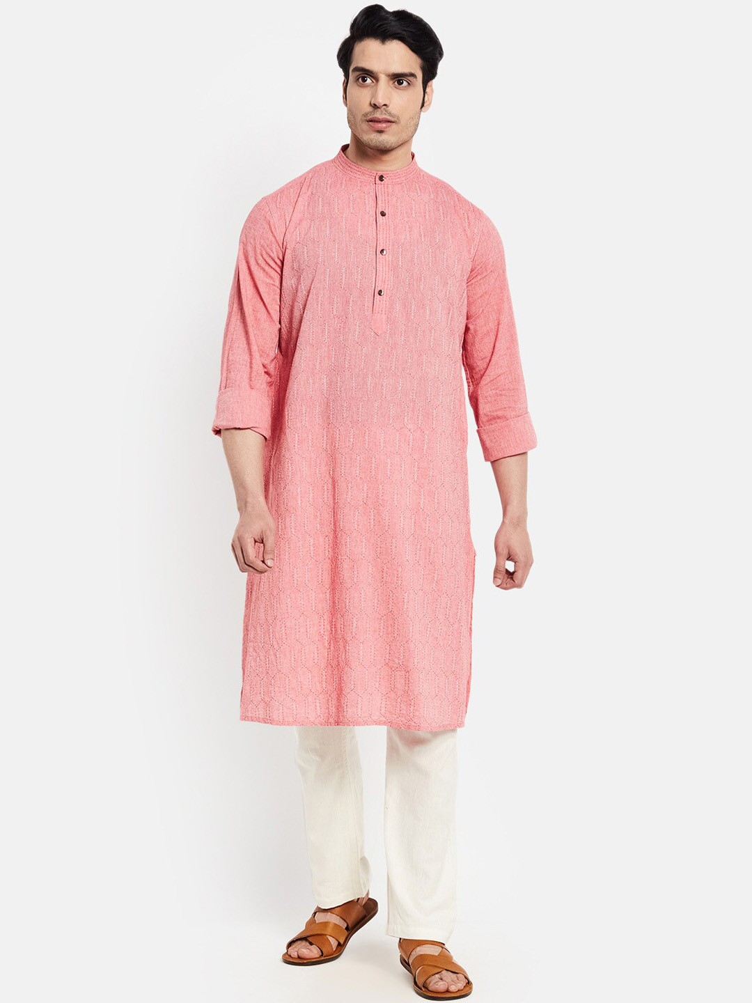 

Fabindia Men Pink Geometric Printed Chikankari Cotton Kurta