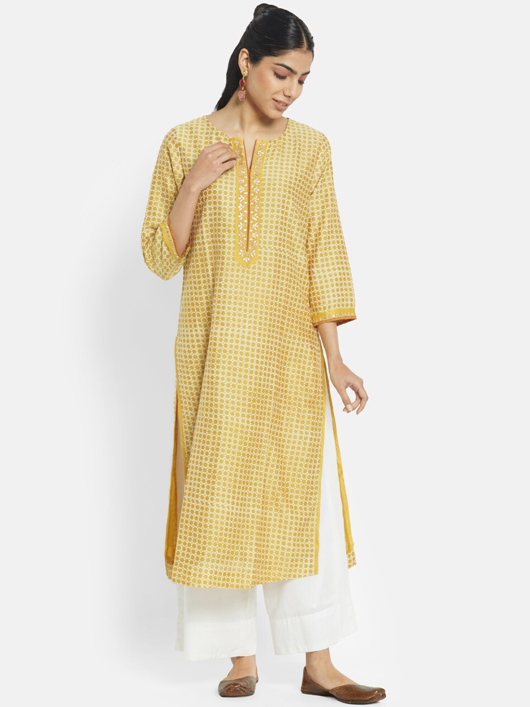 

Fabindia Women Yellow Cotton Silk Embroidered Regular Fit Kurta
