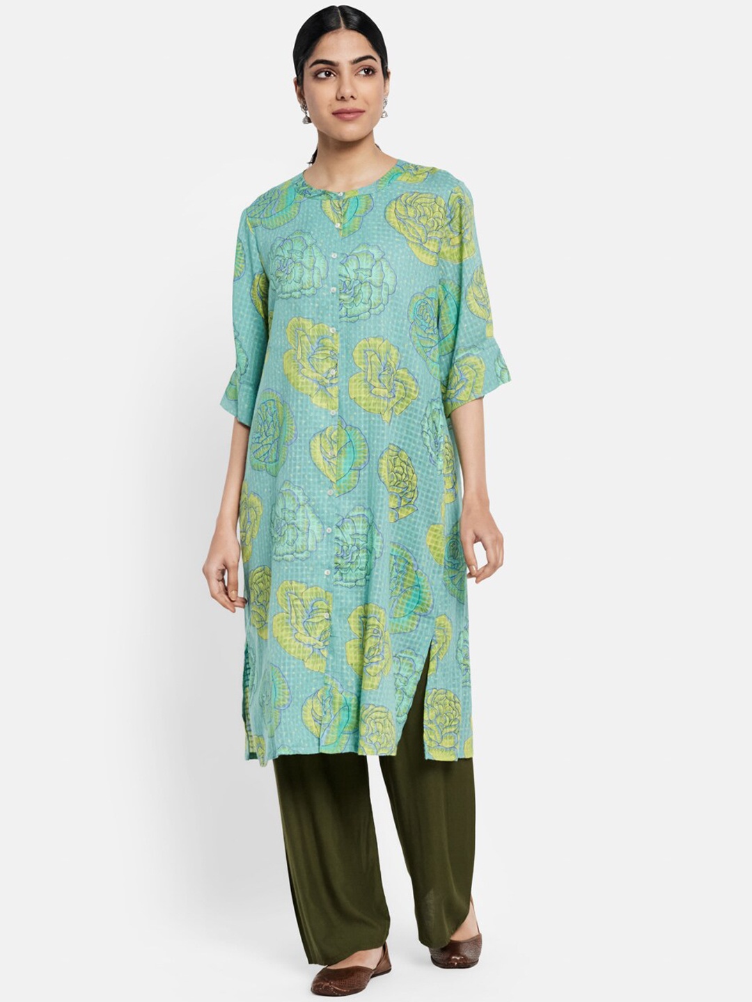 

Fabindia Women Blue & Lime Green Floral Printed Cotton Kurta