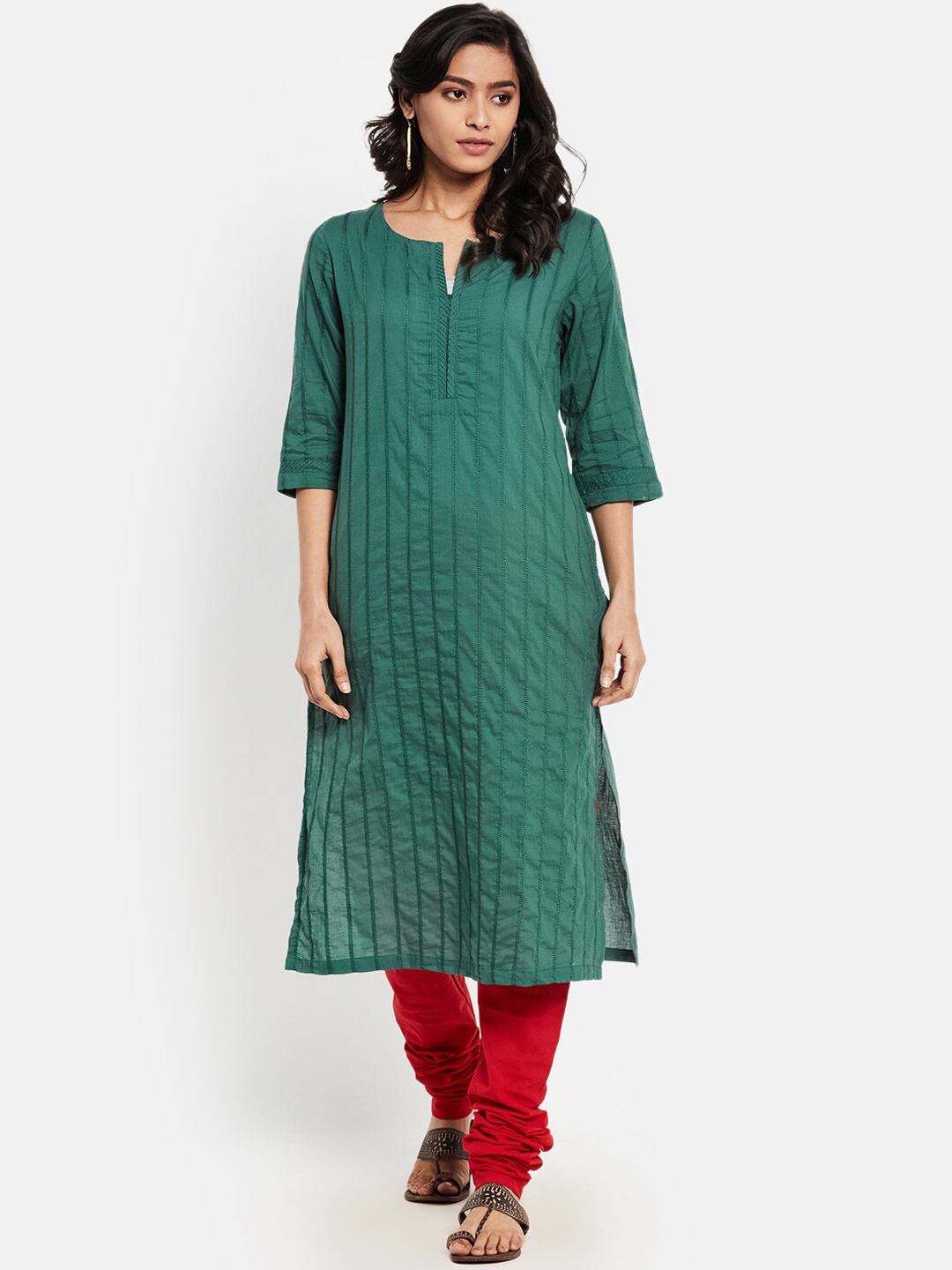 

Fabindia Women Green Striped Thread Work Regular Fit Cotton Kurta