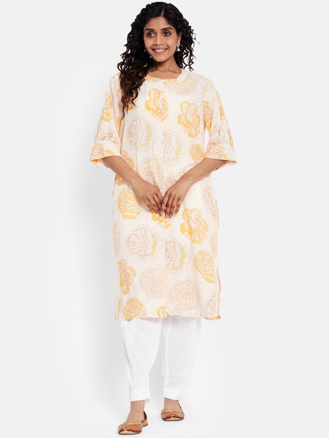 

Fabindia Women White & Yellow Floral Printed Cotton Kurta