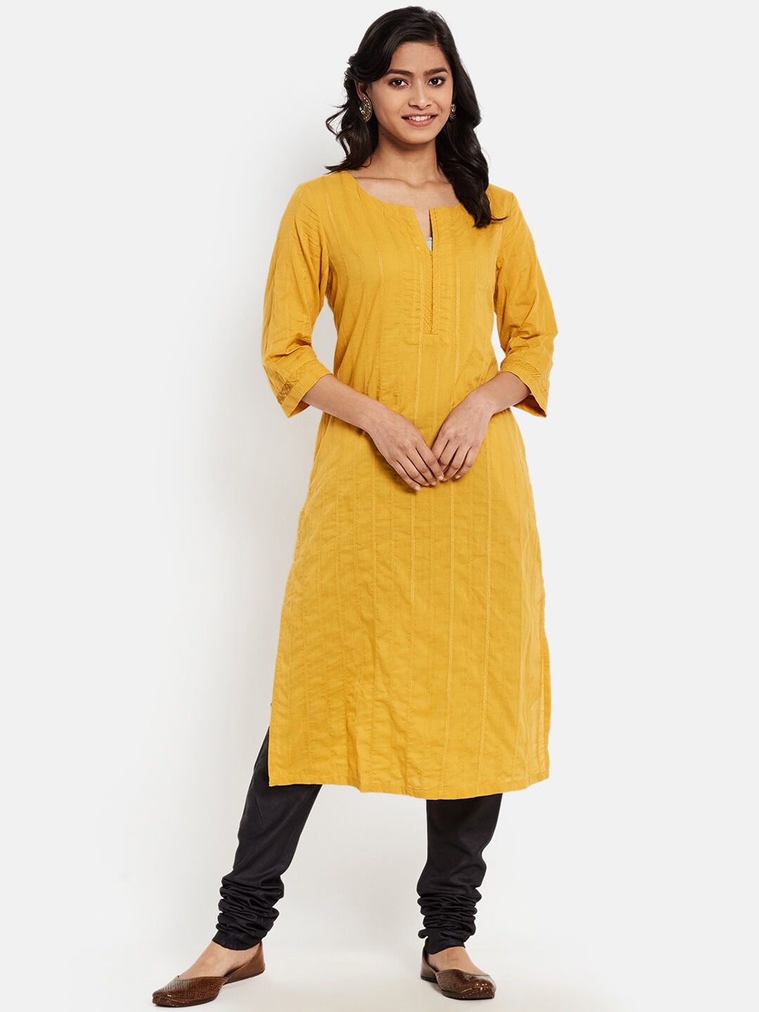 

Fabindia Women Mustard Yellow Striped Thread Work Cotton Kurta