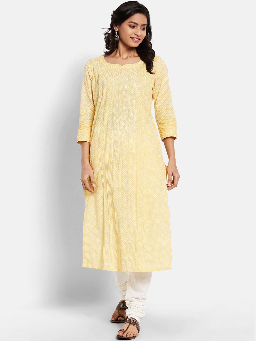 

Fabindia Women Yellow Ethnic Motifs Yoke Design Flared Sleeves Anarkali Kurta