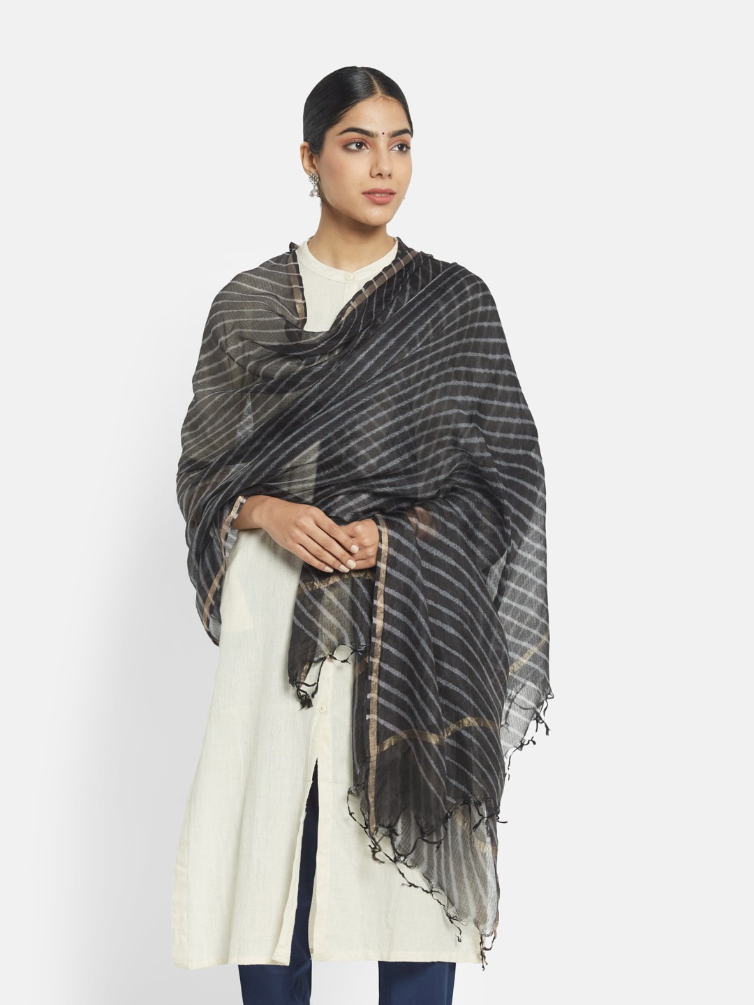 

Fabindia Grey & White Striped Pure Silk Block Print Dupatta