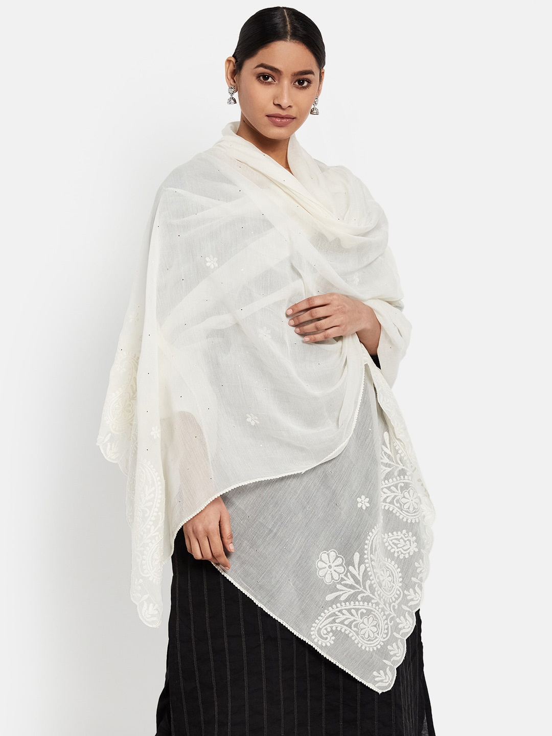 

Fabindia Women Off White Floral Embroidered Dupatta