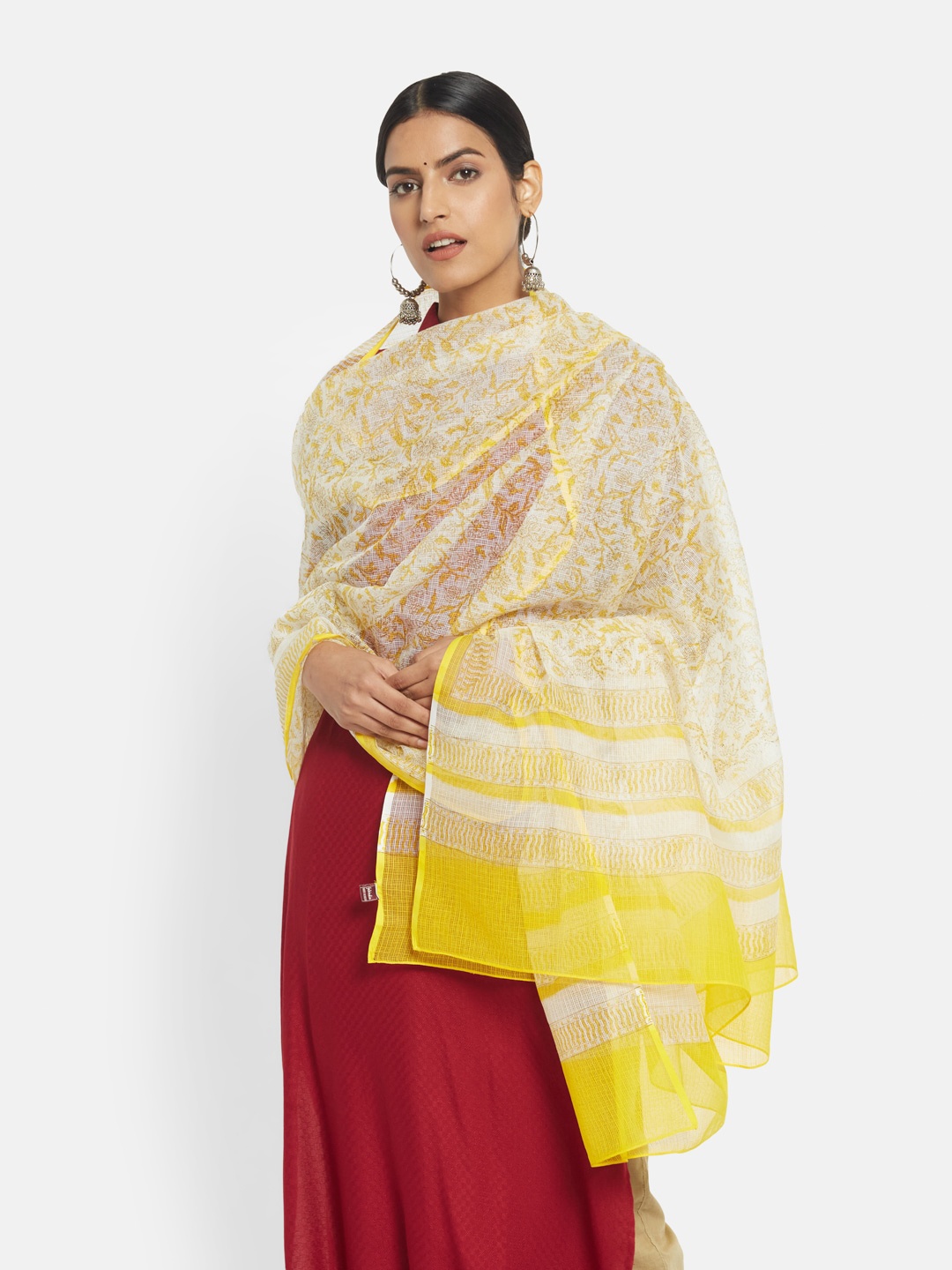 

Fabindia Women Yellow & White Printed Cotton Silk Dupatta